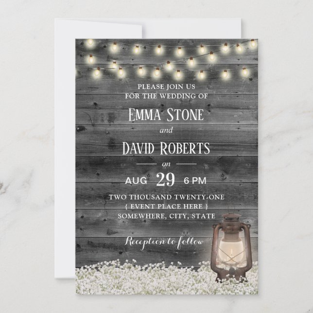 Vintage Lantern Baby's Breath Barn Wood Wedding Invitation (Front)