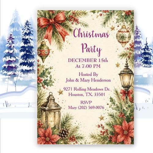 Vintage Lantern Christmas Holiday Party Invitation
