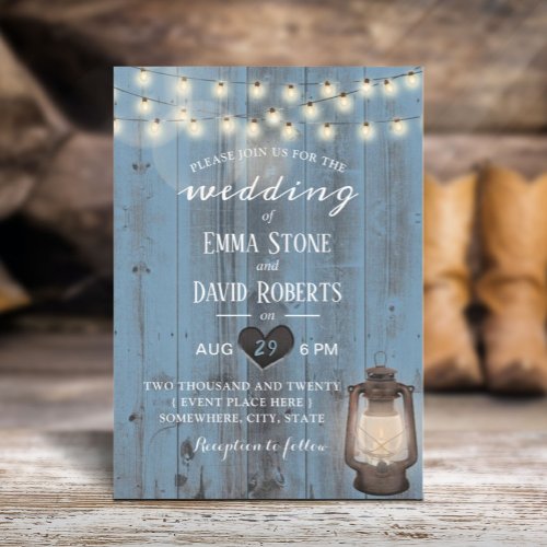 Vintage Lantern Dusty Blue Barn Wood Wedding Invitation