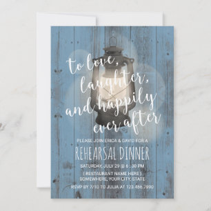 Vintage Lantern Dusty Blue Wood Rehearsal Dinner Invitation