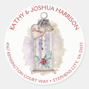 Vintage Lantern Holly Leaves Berries Address   Classic Round Sticker