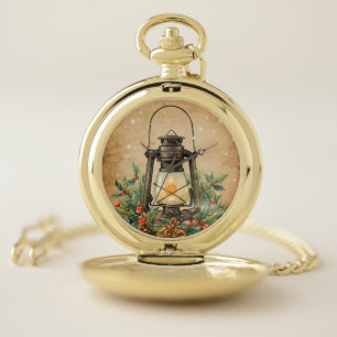 Vintage lantern holly pine festive engraved winter pocket watch