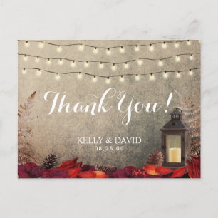 Vintage Lantern & Leaves Fall Wedding Thank You Postcard