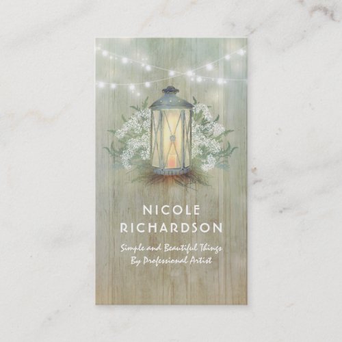 Vintage Lantern Lights and Baby's Breath Floral Business Card - Rustic iron lantern and white flowers - baby's breath wood texture business cards