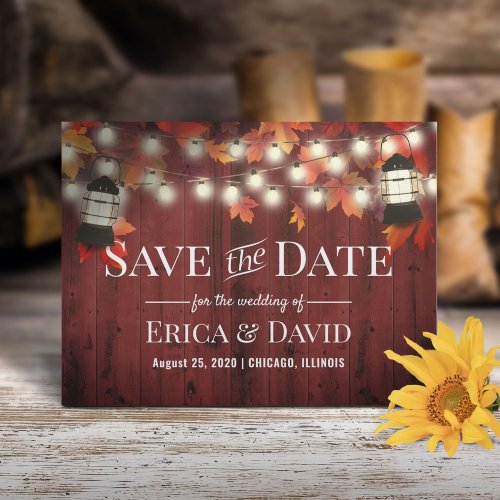 Vintage Lantern Red Fall Wedding Save the Date Announcement Postcard