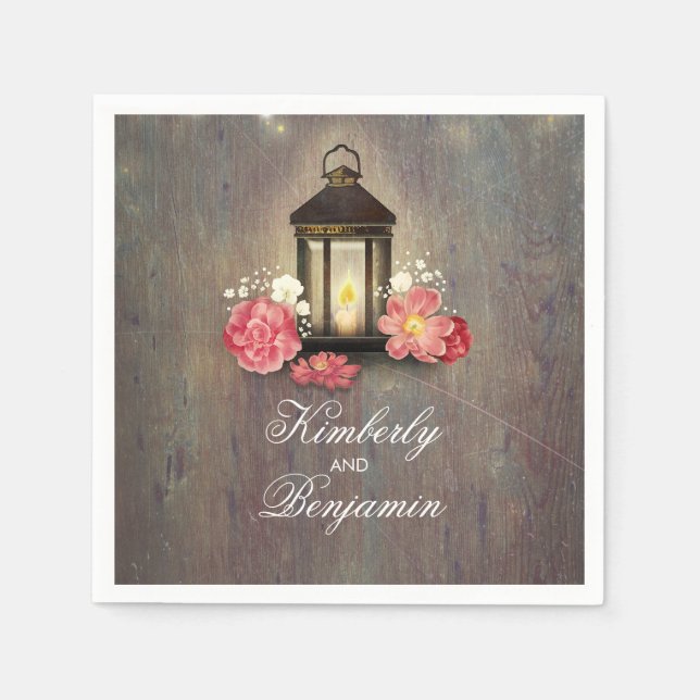 Vintage Lantern Rustic Barn Wood Wedding Napkins (Front)