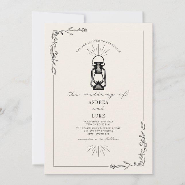 Vintage Lantern Rustic Botanical Black Wedding Invitation (Front)