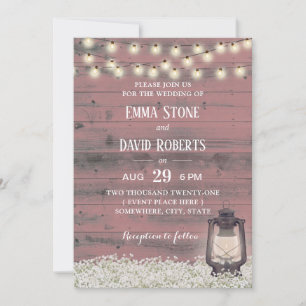 Vintage Lantern Rustic Pink Barn Wood Wedding Invitation