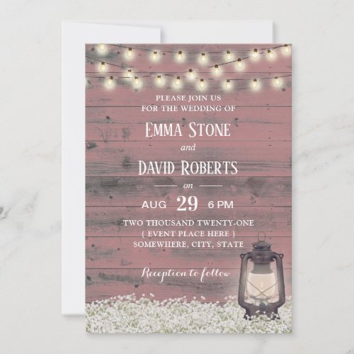 Vintage Lantern Rustic Pink Barn Wood Wedding Invitation