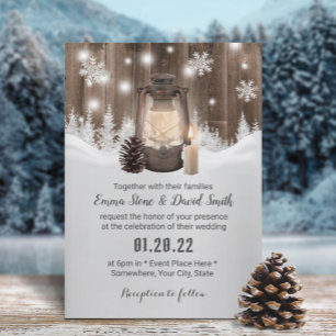 Vintage Lantern Snowflake Winter Forest Wedding Invitation
