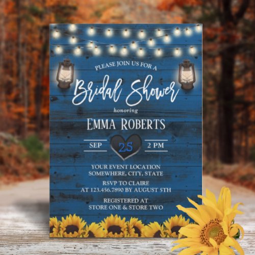 Vintage Lantern Sunflower Navy Wood Bridal Shower Invitation