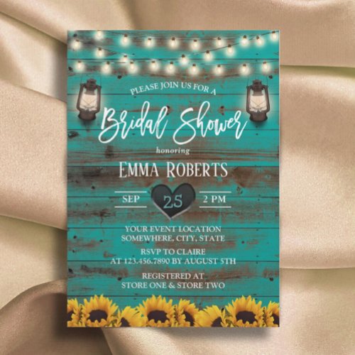 Vintage Lantern Sunflower Teal Wood Bridal Shower Invitation