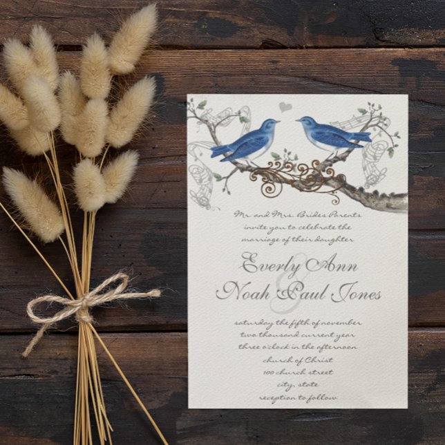 Vintage Lapis Blue Love Birds Wedding Invitations (Creator Uploaded)