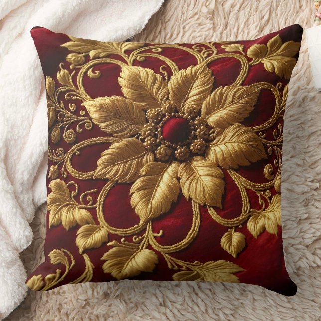 Vintage Large Flower Embroidery look Red Gold Throw Pillow (Creator Uploaded)