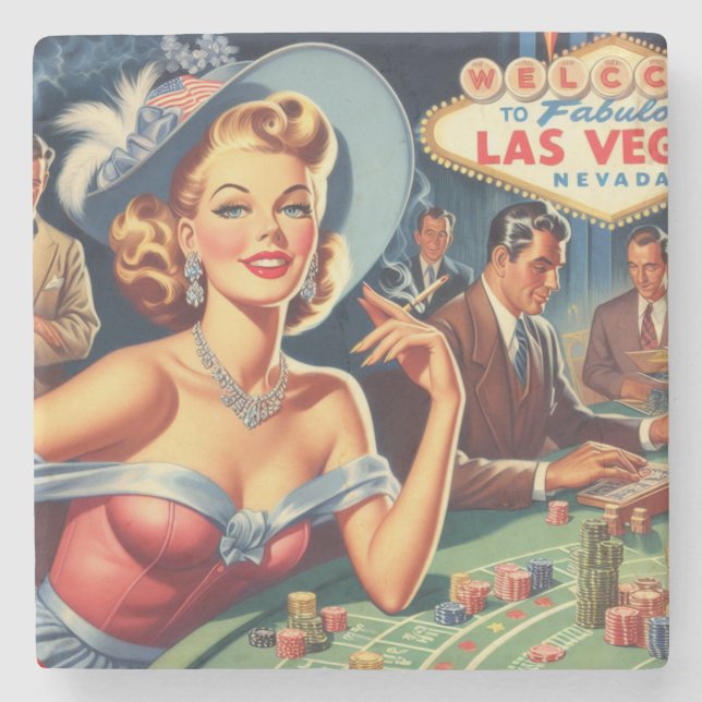 Vintage Las Vegas Casino Pin Up Stone Coaster (Front)