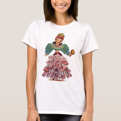 Vintage Latin dancer girl traditional dress T_Shirt