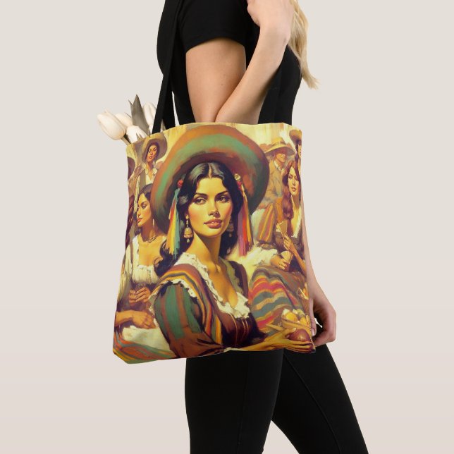 Vintage Latina Woman Painting Tote Bag (Close Up)