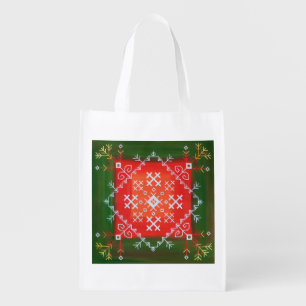 Vintage Latvian folk art with symbols oil painting Grocery Bag