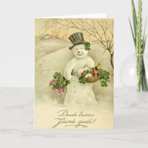 Vintage Latvian Snow Man New Year Greeting Card