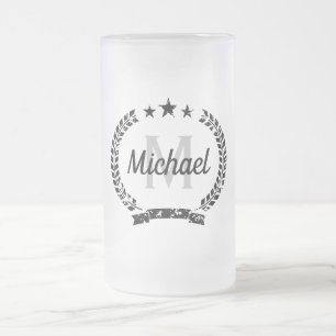 Vintage laurel crest name monogram frosted glass beer mug