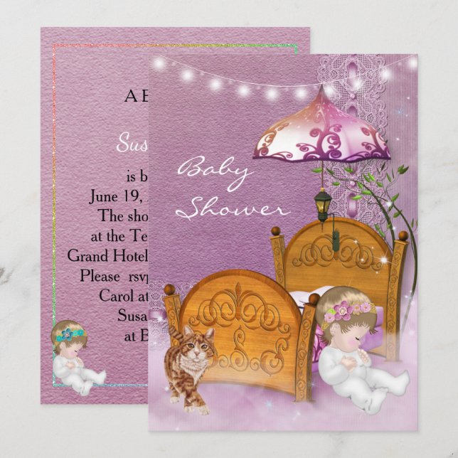 Vintage Lavender Baby Shower Invitation with crib (Front/Back)