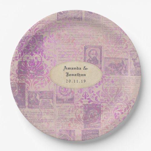 Vintage Lavender Ephemera Damask Wedding Paper Plates
