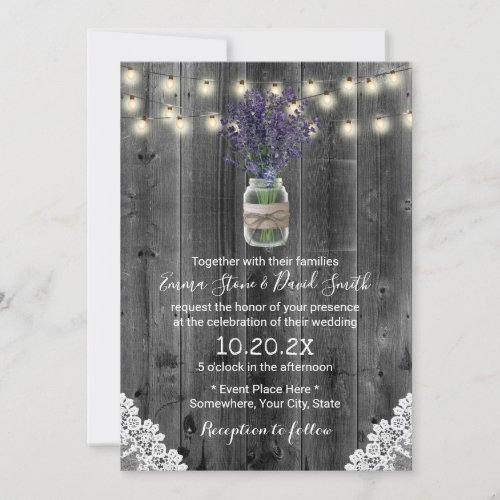 Vintage Lavender Floral Jar Rustic Laced Wedding Invitation