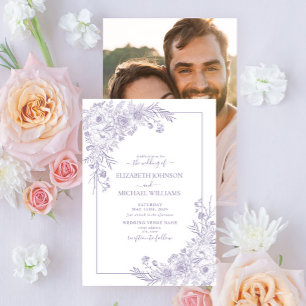 Vintage Lavender Floral Line Art Photo Wedding Invitation