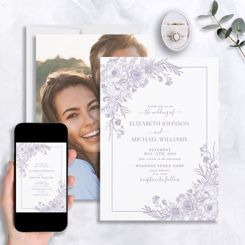 Vintage Lavender Floral Line Art Photo Wedding Invitation