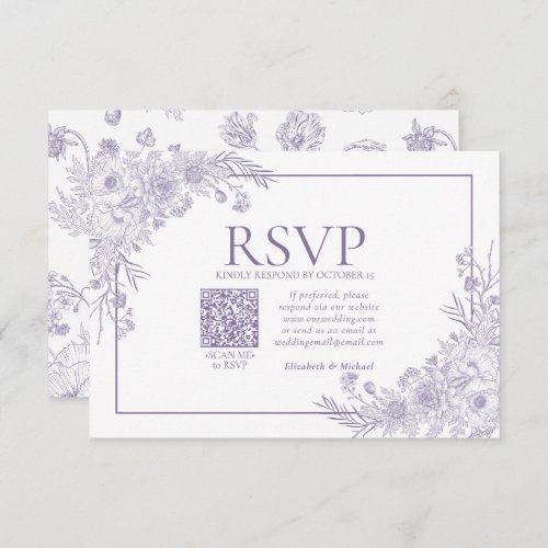 Vintage Lavender Floral Line Art QR Code RSVP