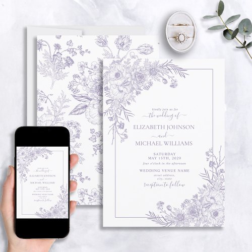 Vintage Lavender Floral Line Art Script Wedding Invitation