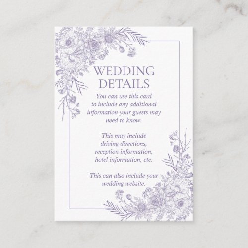 Vintage Lavender Floral Line Art Wedding Details Enclosure Card