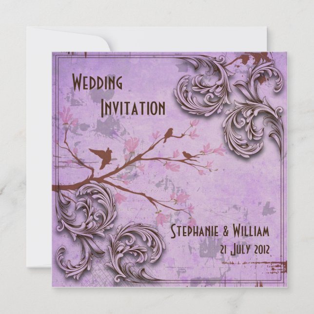 Vintage Lavender Love Birds Wedding Invitation (Front)