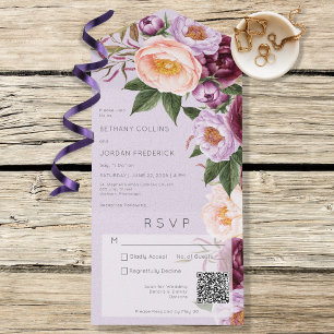 Vintage Lavender Maroon & Peach Peonies QR Code All In One Invitation