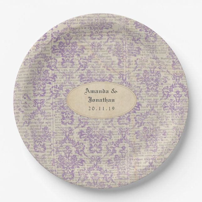 Vintage Lavender Newspaper Wedding Paper Plates (Front)