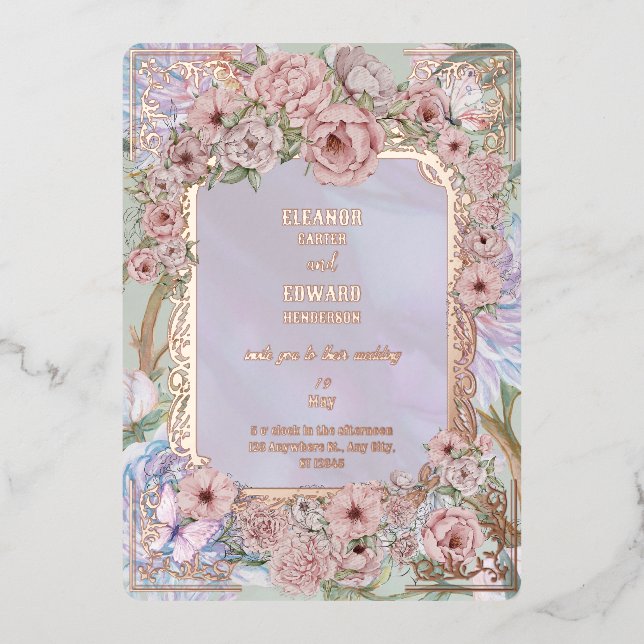 Vintage Lavender Peony Wedding Foil Invitation (Front)