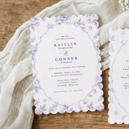 Vintage Lavender Purple French Floral Oval Wedding Invitation