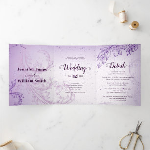 Vintage lavender purple scroll leaf wedding Tri-Fold invitation