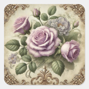 Vintage Lavender Rose Floral Gold Ornate Border Square Sticker