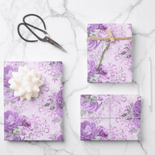Vintage Lavender Silver Floral Damask Pattern Wrapping Paper Sheets