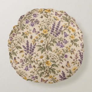 Vintage Lavender & Wildflower Meadow Pattern Round Pillow