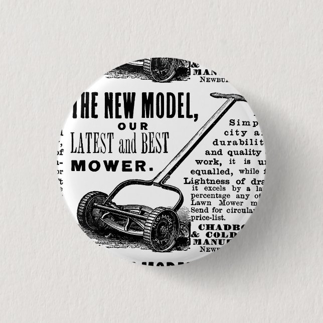 Vintage lawn mower advert pinback button (Front)