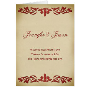 Vintage Leaf Scroll Style Wedding Menu in Burgundy Cards