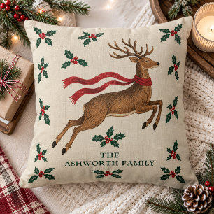 Vintage Leaping Reindeer Custom Family Name Throw Pillow