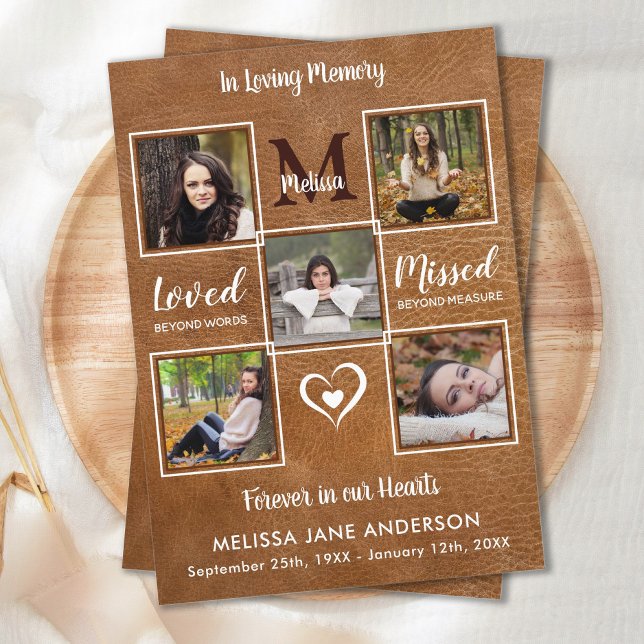 Vintage Leather 5 Photo Sympathy Memorial Funeral Thank You Card (Creator Uploaded)