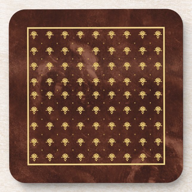 Vintage Leather Brown and Gold Damask Pattern Coaster (Front)