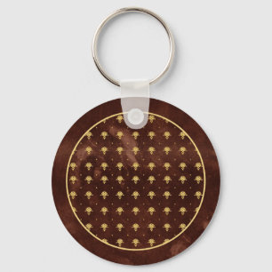 Vintage Leather Brown and Gold Damask Pattern Keychain