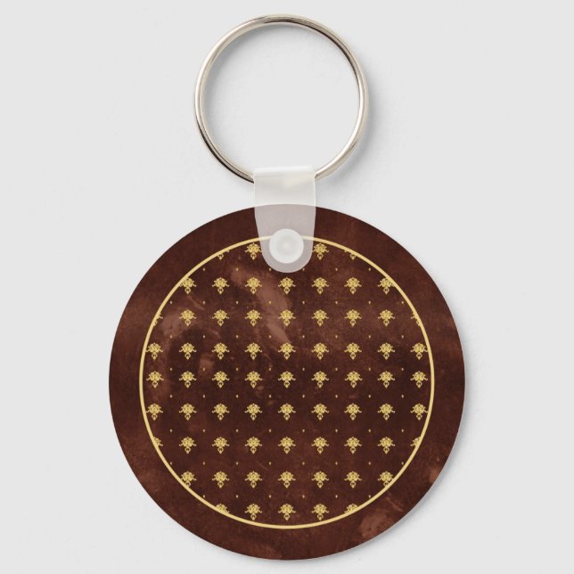 Vintage Leather Brown and Gold Damask Pattern Keychain (Front)