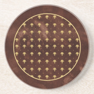 Vintage Leather Brown and Gold Damask Pattern Sandstone Coaster
