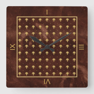 Vintage Leather Brown and Gold Damask Pattern Square Wall Clock